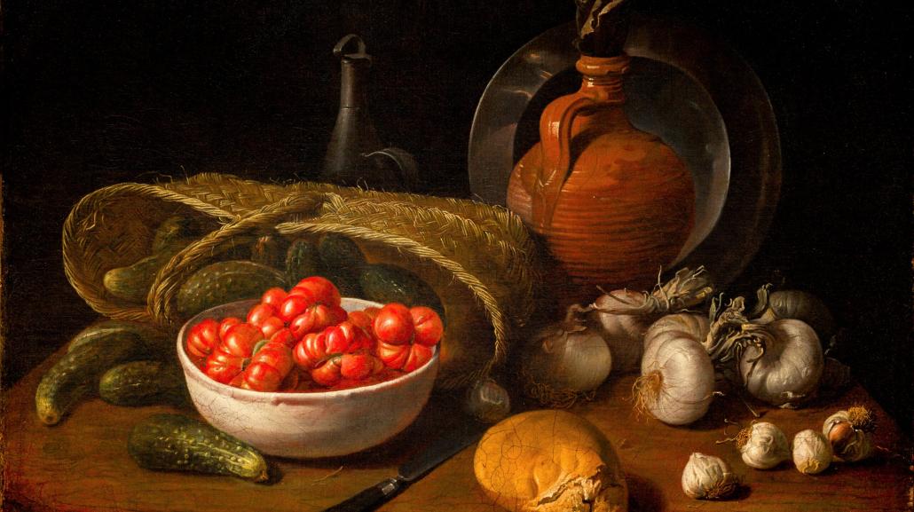 Natura morta con pomodori, cipolle, agli, cetrioli, pane e utensili da cucina opera di Luis Egidio Meléndez